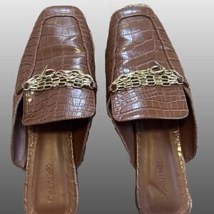Tan brown croc embossed leather chain detail mules